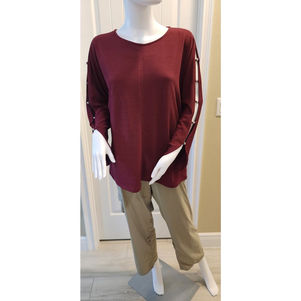 Chico's Easywear Wine/Burgundy Split Sleeve Lightweight Sweater Sz2 EUC